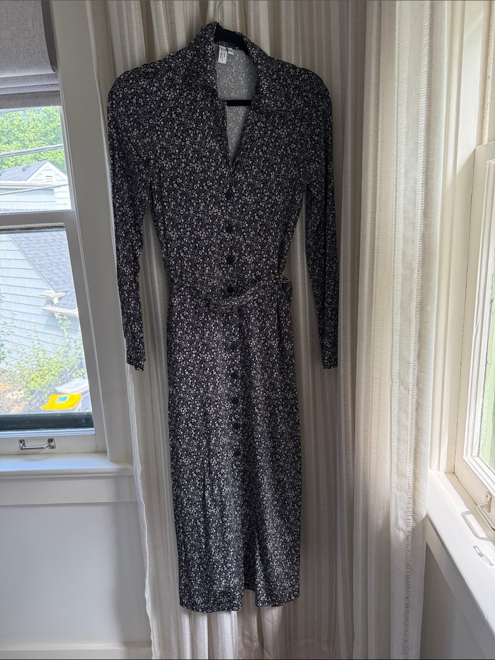 & Other Stories Long Sleeve navy Floral Midi Shirt Dress with matching belt